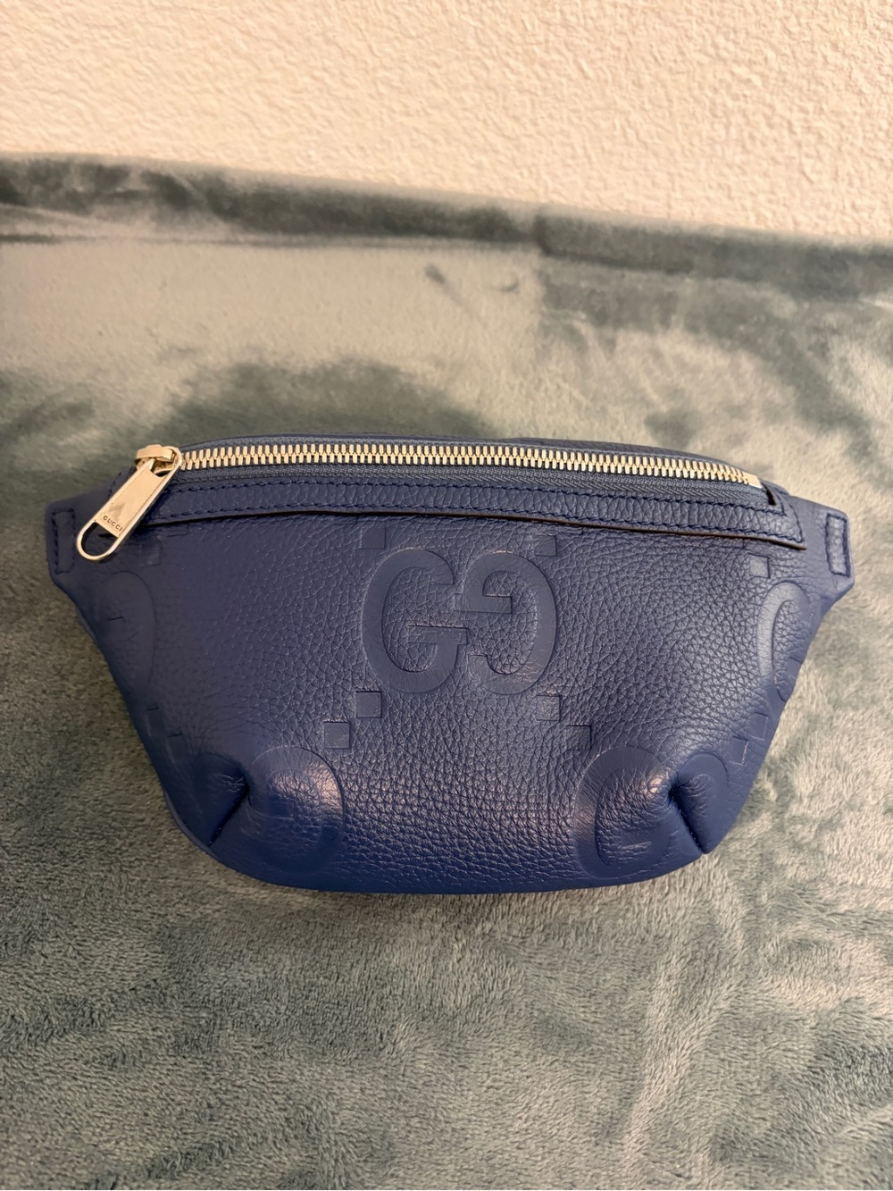 Brand New Gucci Jumbo GG Small Belt Bag Blue Embossed Leather - Picture 10 of 11